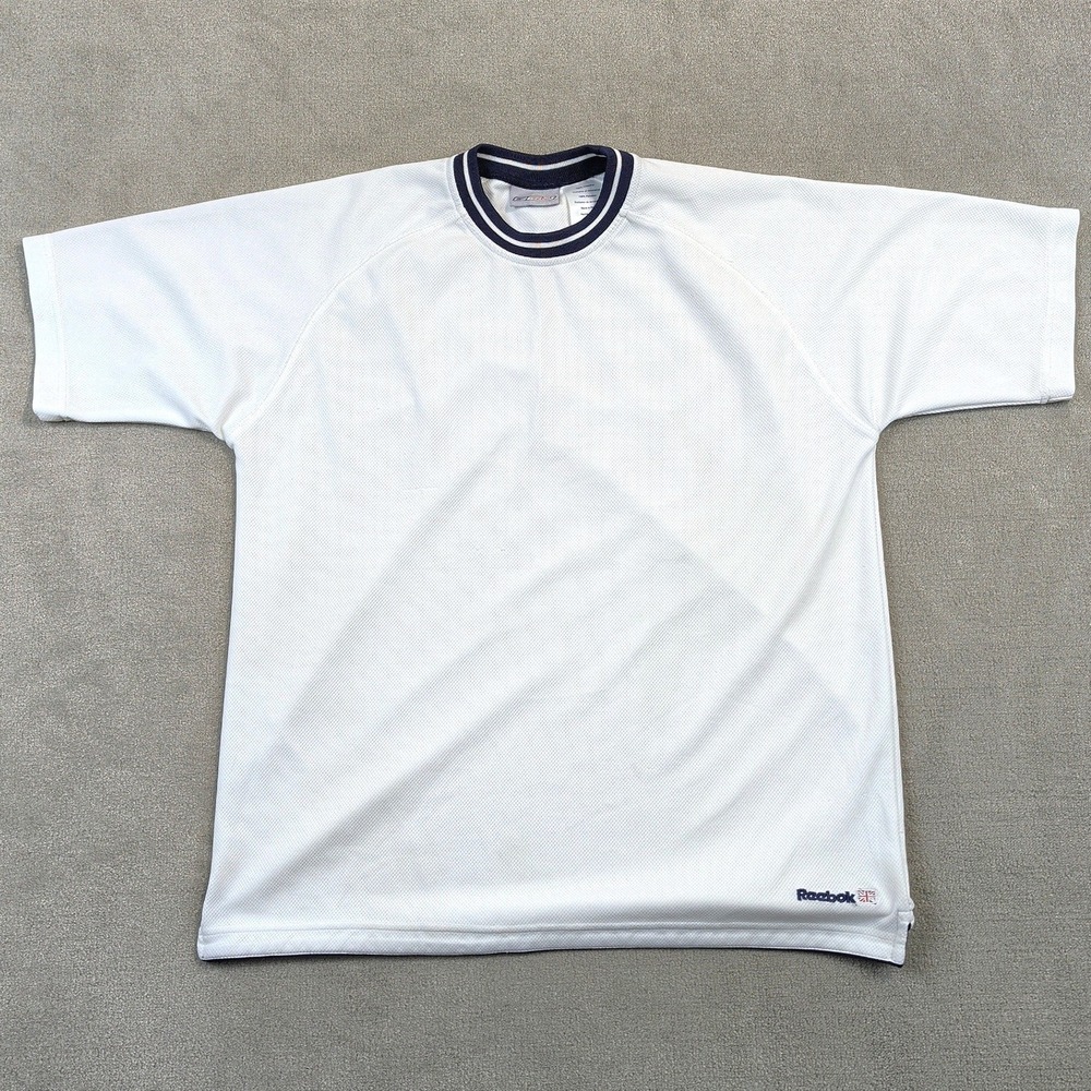 Reebok Mesh Training Jersey Mens Medium White Navy Ringer Y2K Sportswear Shirt